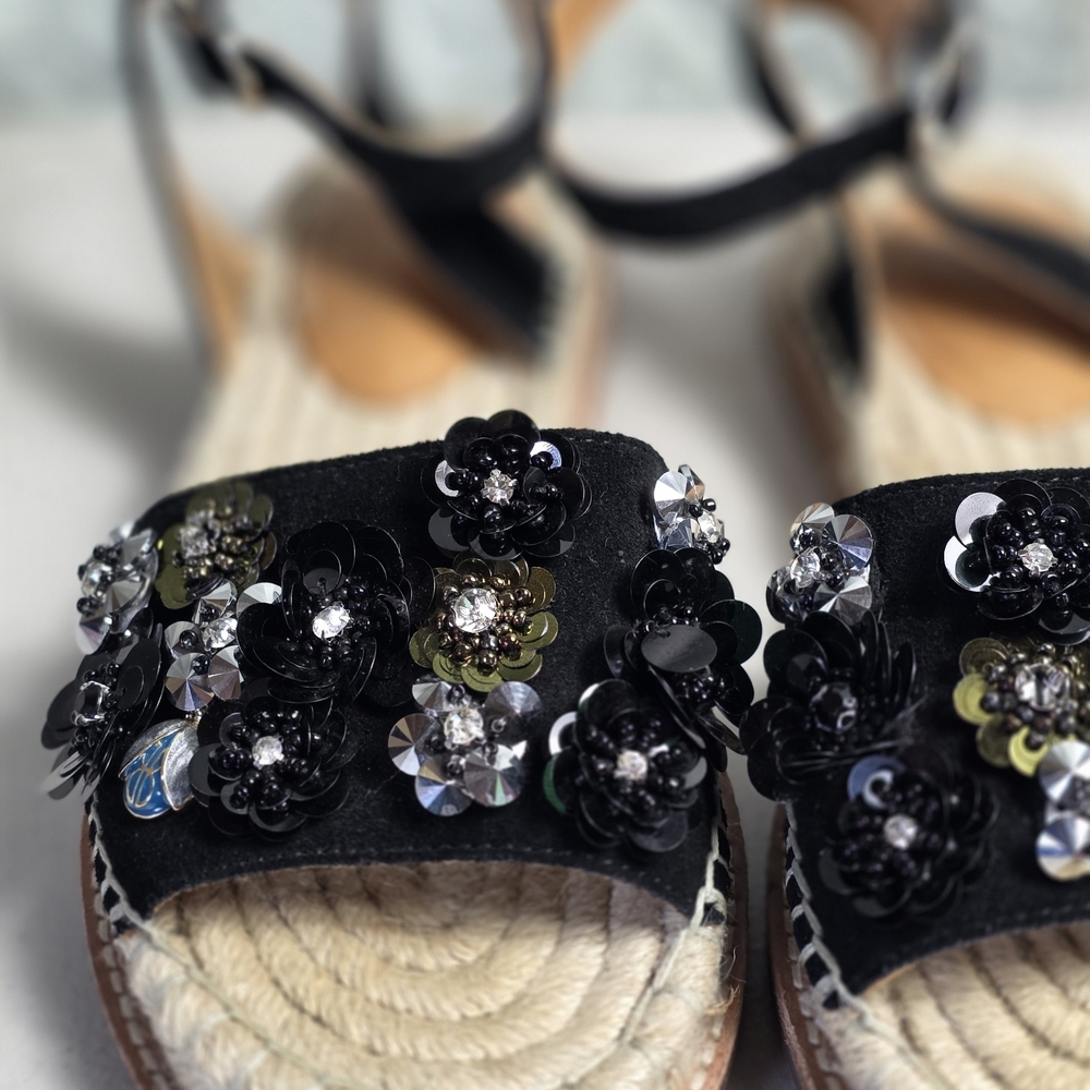 BILL BLASS BLACK ANTHROPOLOGIE SUEDE ESPADRILLES SANDALS SEQUIN SHOES Sz 6 - Picture 9 of 11